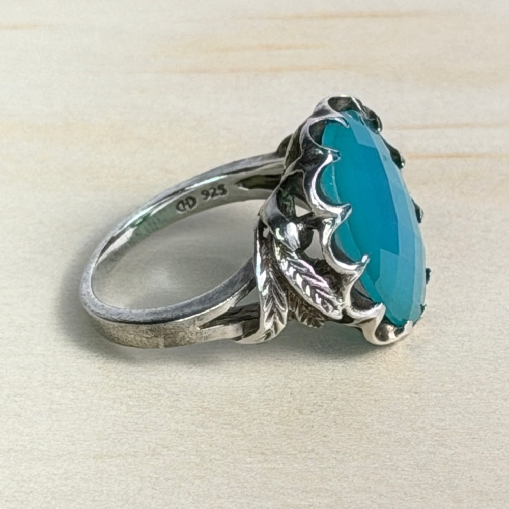 Vintage 90s Sterling Silver Teal Chalcedony Statement Ring Botanical Leaf Detail